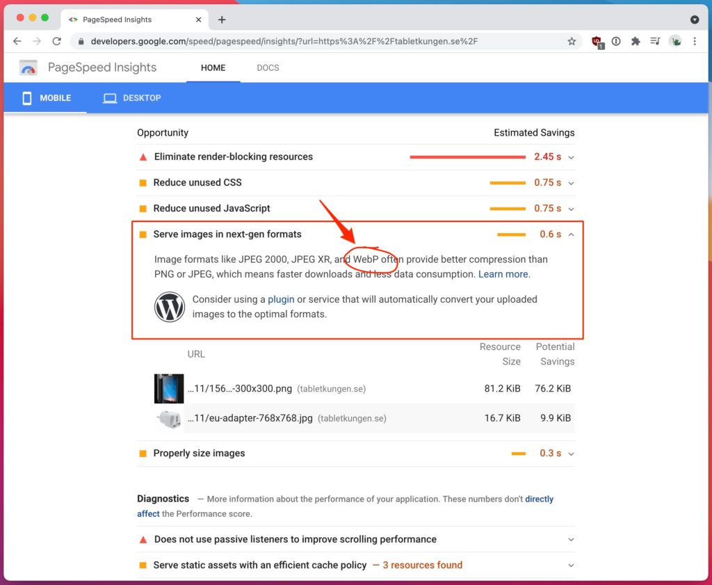 Google PageSpeed Insights recommends WebP